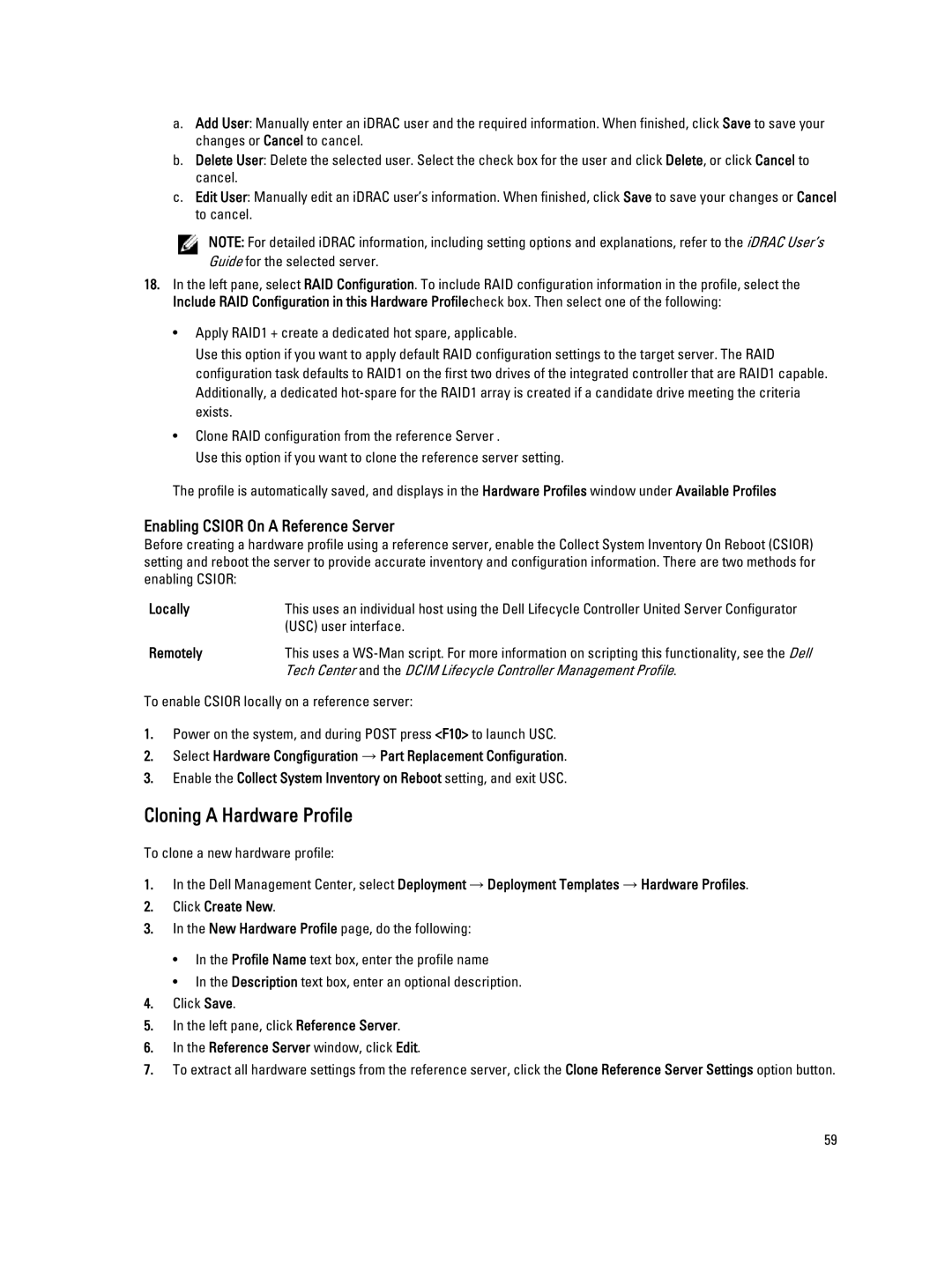 Dell 2.3 manual Cloning a Hardware Profile, Enabling Csior On a Reference Server, Locally, Remotely 