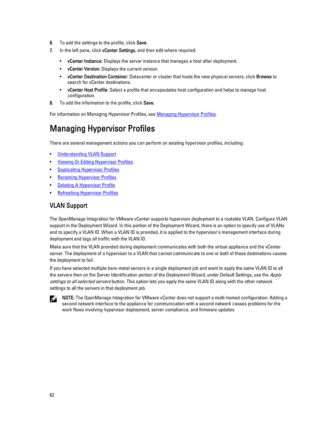 Dell 2.3 manual Managing Hypervisor Profiles, Vlan Support 