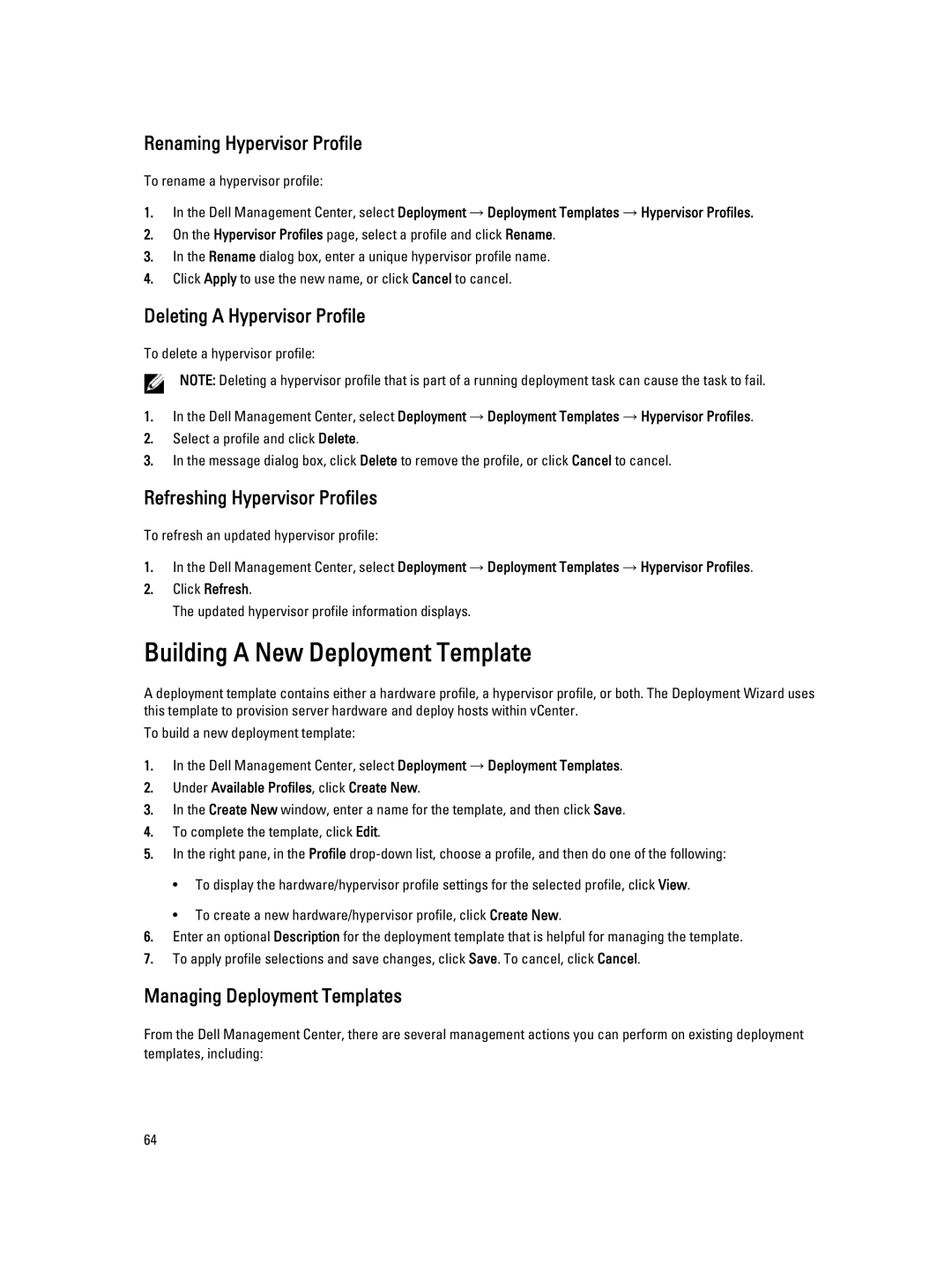 Dell 2.3 manual Building a New Deployment Template, Renaming Hypervisor Profile, Deleting a Hypervisor Profile 