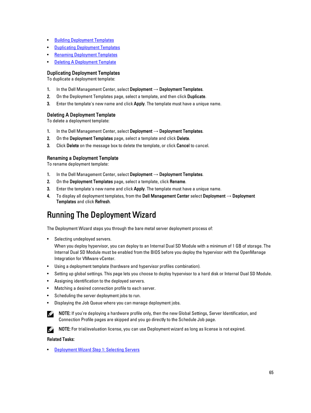 Dell 2.3 manual Running The Deployment Wizard, Duplicating Deployment Templates, Deleting a Deployment Template 