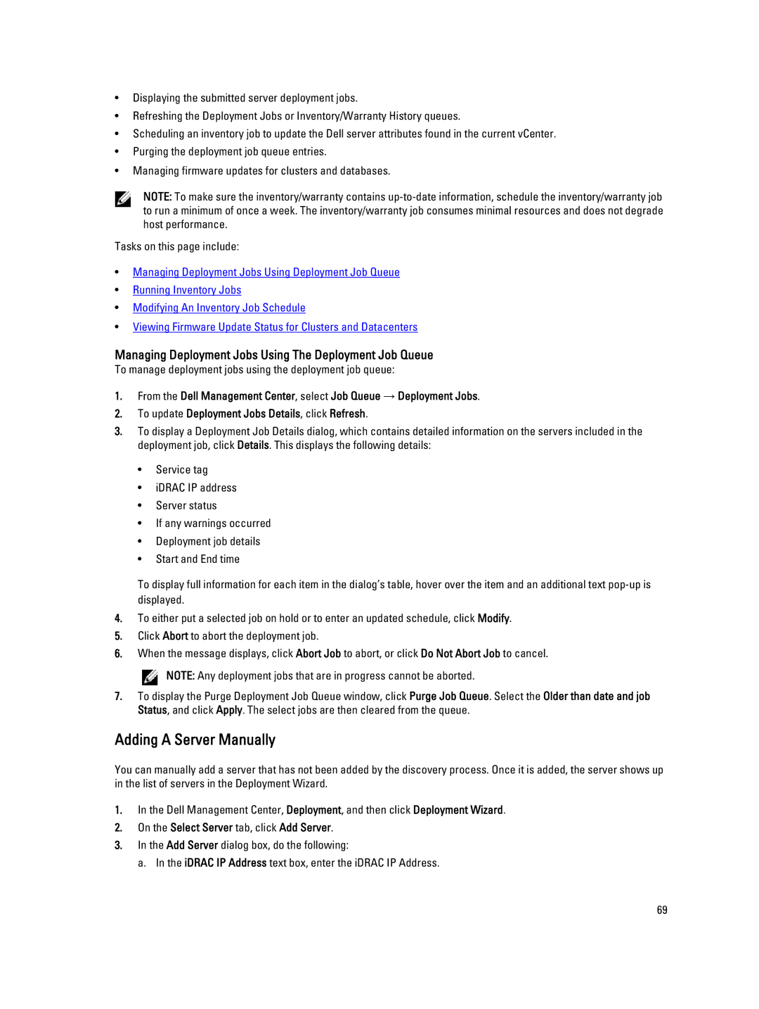 Dell 2.3 manual Adding a Server Manually, Managing Deployment Jobs Using The Deployment Job Queue 