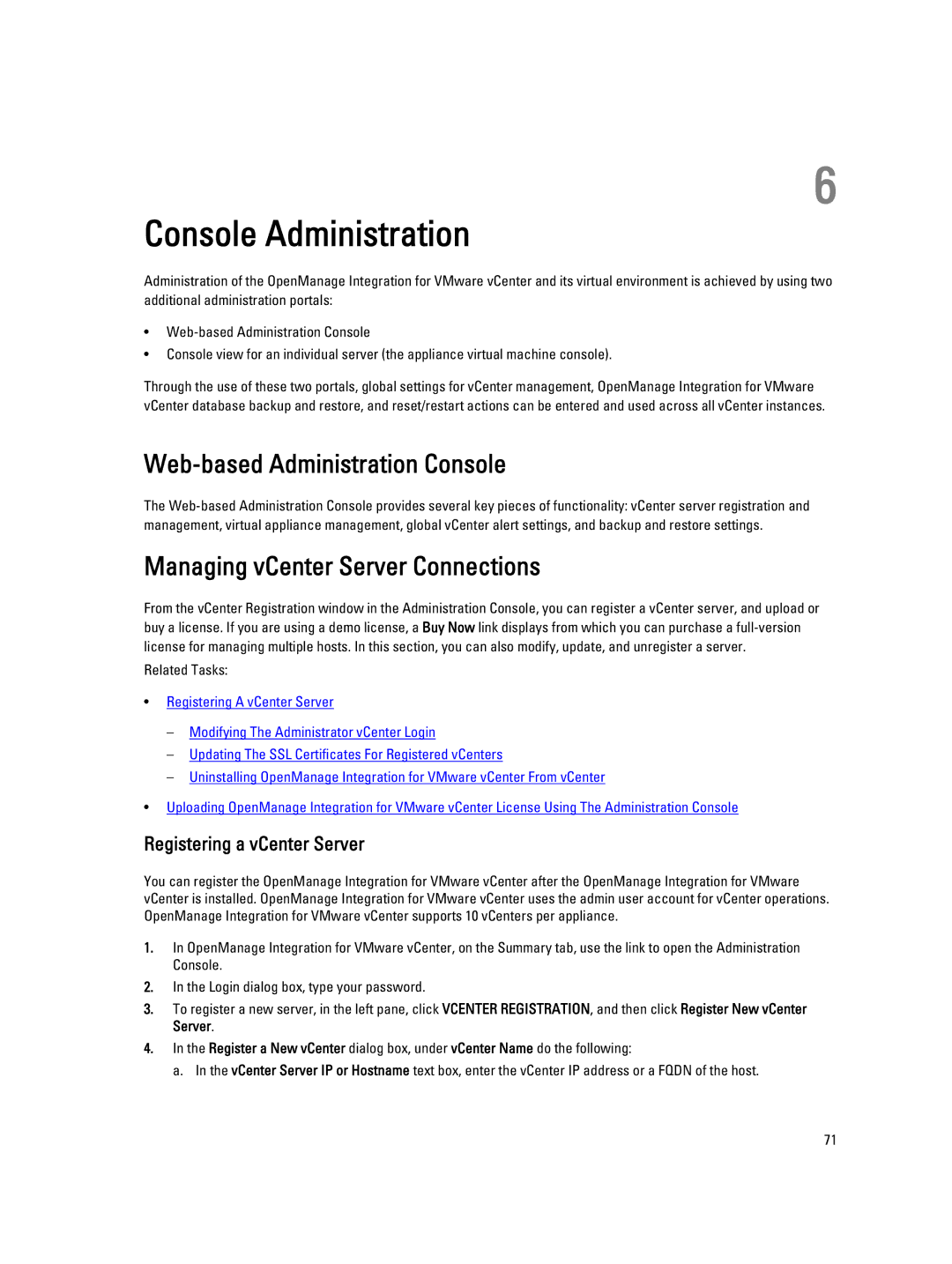 Dell 2.3 manual Web-based Administration Console, Managing vCenter Server Connections, Registering a vCenter Server 