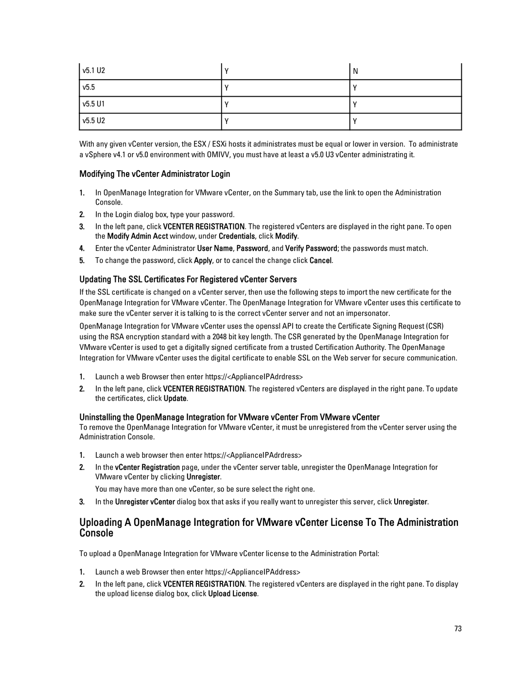 Dell 2.3 manual Modifying The vCenter Administrator Login, Updating The SSL Certificates For Registered vCenter Servers 