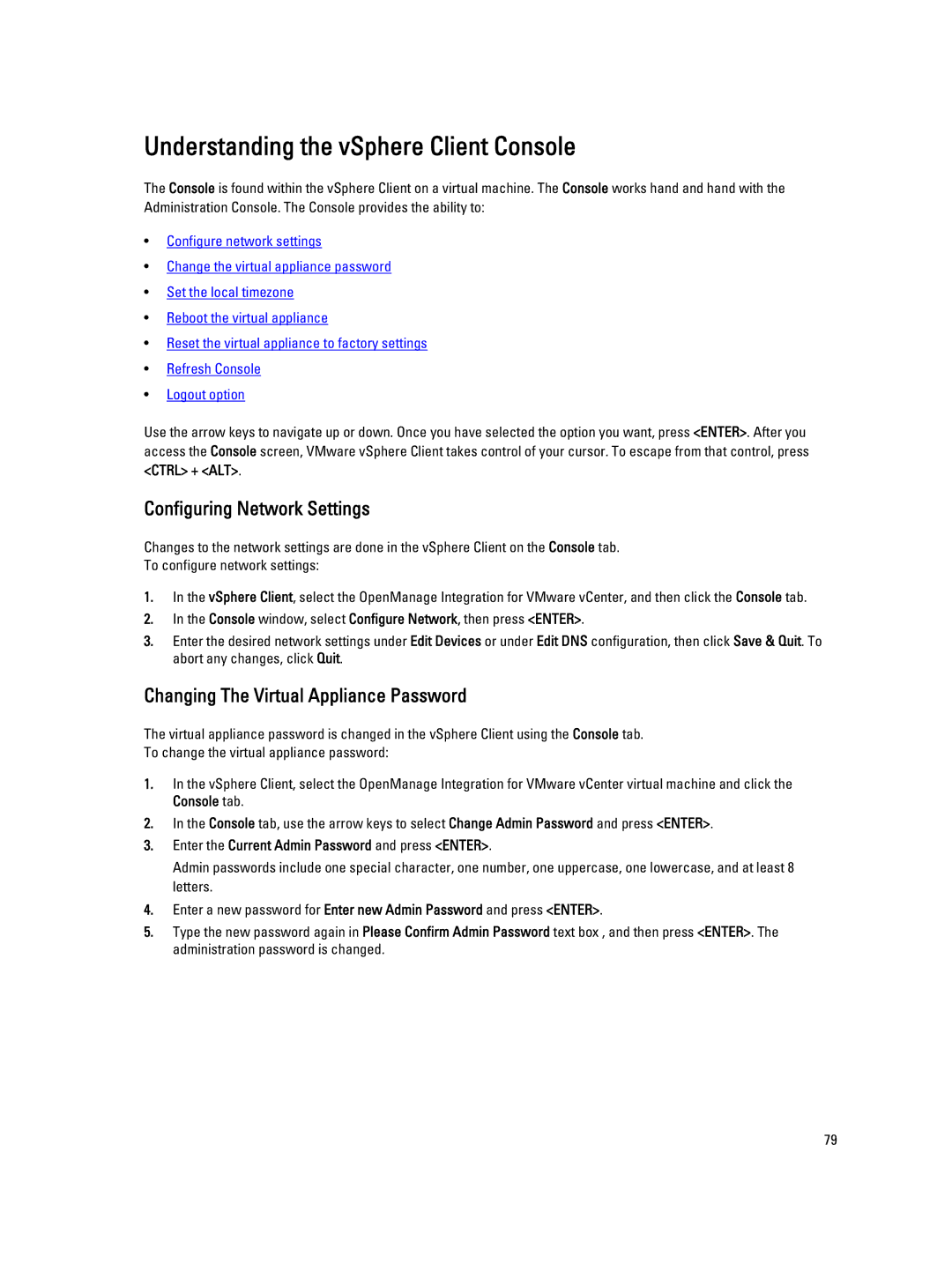 Dell 2.3 Understanding the vSphere Client Console, Configuring Network Settings, Changing The Virtual Appliance Password 