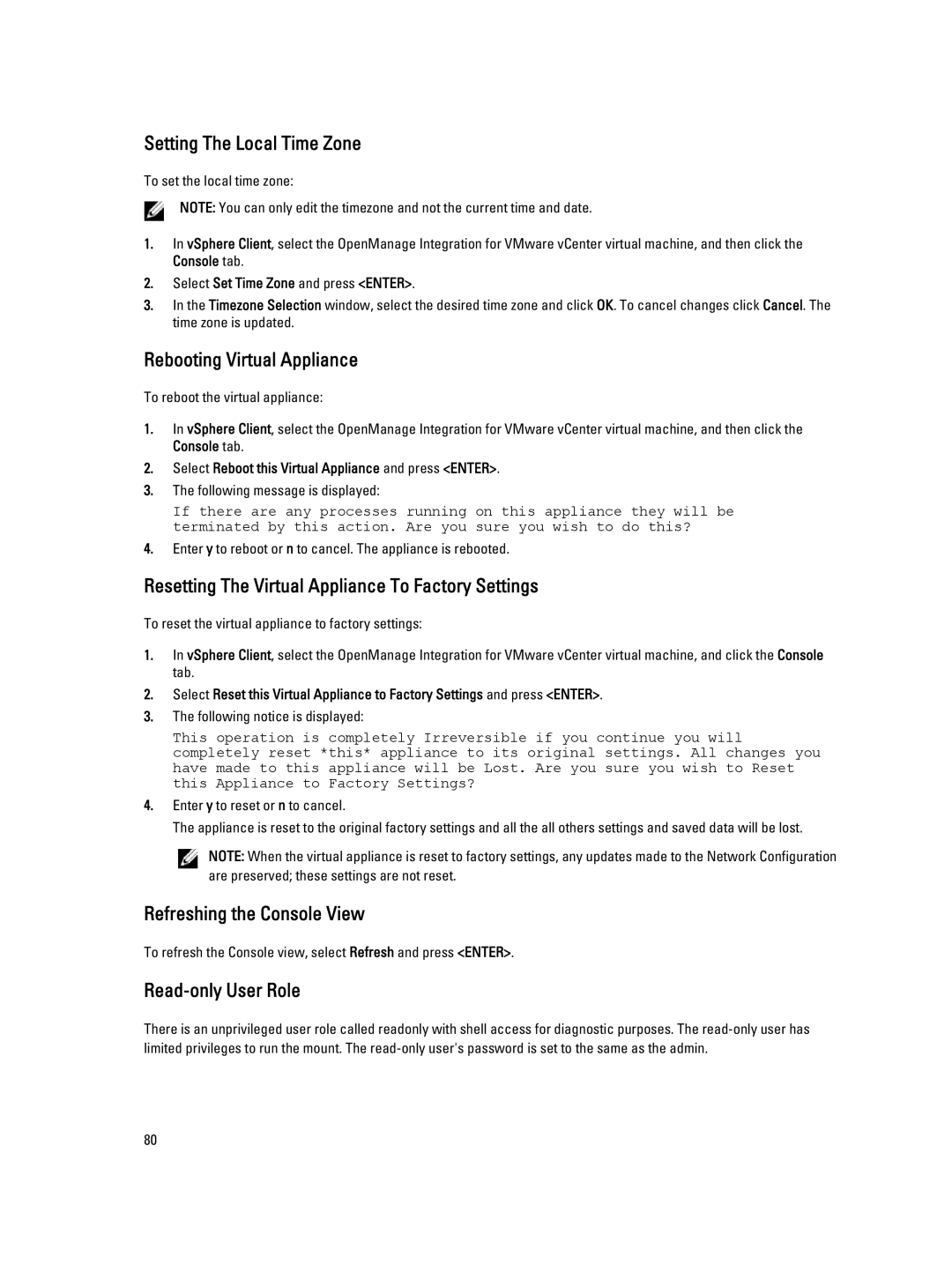 Dell 2.3 Setting The Local Time Zone, Rebooting Virtual Appliance, Resetting The Virtual Appliance To Factory Settings 