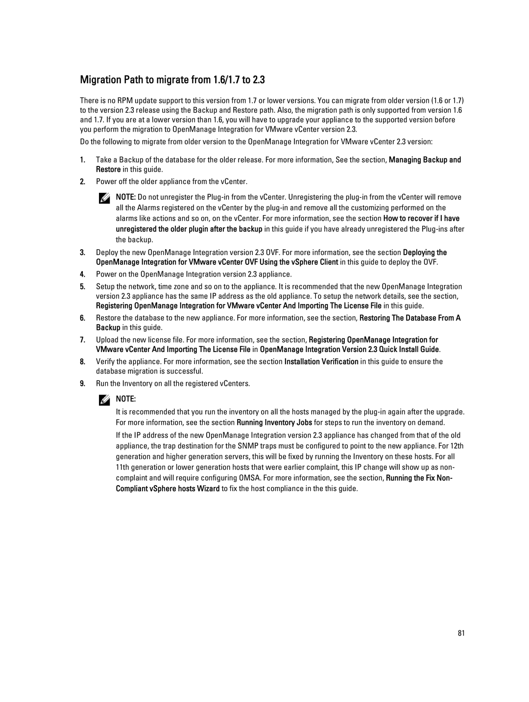 Dell manual Migration Path to migrate from 1.6/1.7 to, Power on the OpenManage Integration version 2.3 appliance 