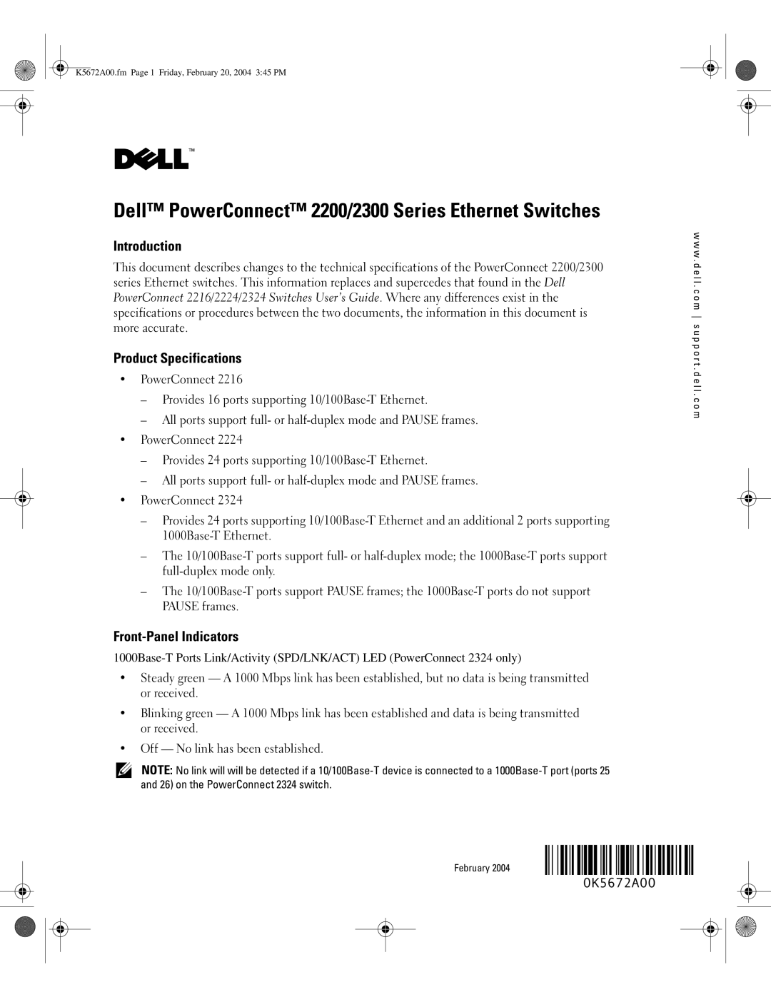 Dell specifications Dell PowerConnect 2200/2300 Series Ethernet Switches, Introduction, Product Specifications 