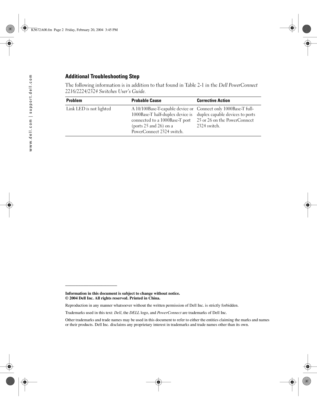 Dell 2300, 2200 specifications Additional Troubleshooting Step, Problem Probable Cause Corrective Action 