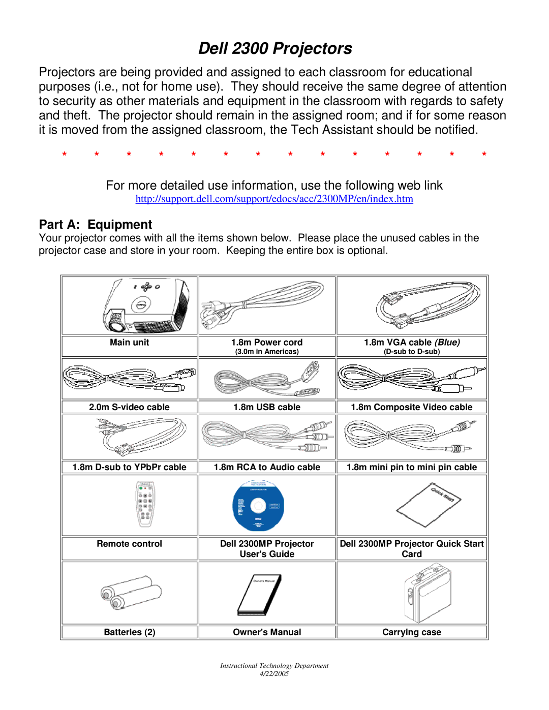 Dell quick start Dell 2300 Projectors, Part a Equipment 