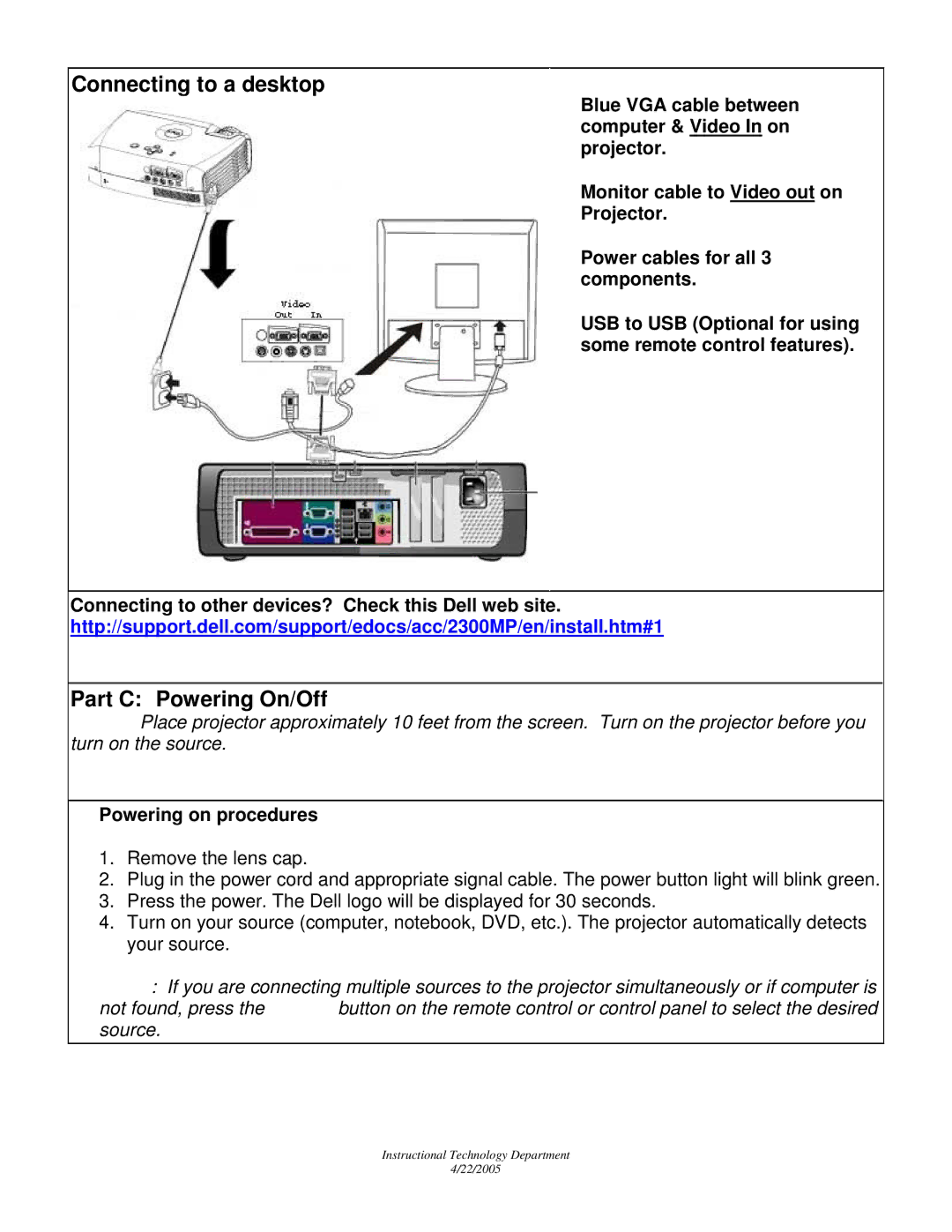 Dell 2300 quick start Connecting to a desktop, Part C Powering On/Off, Powering on procedures 