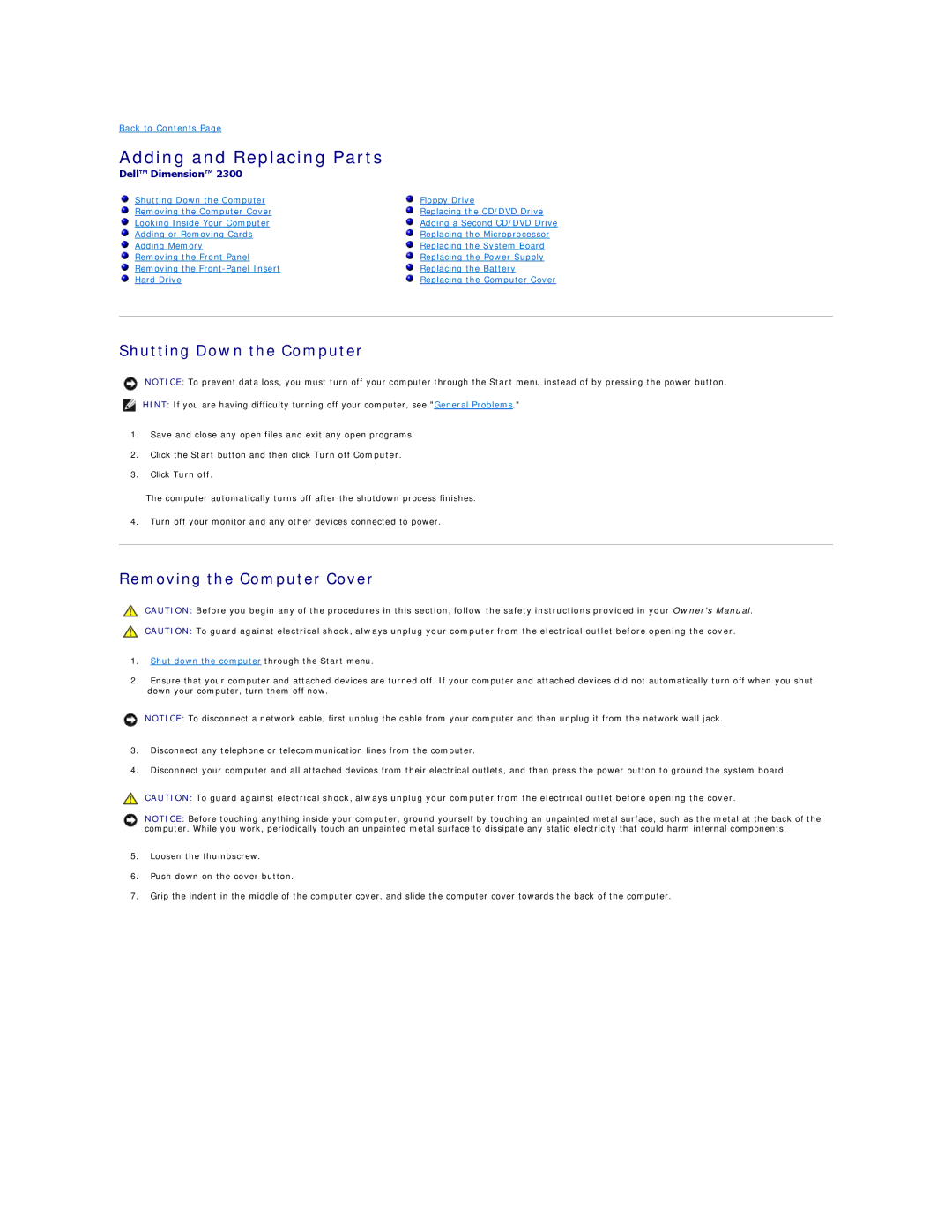 Dell 2300 Adding and Replacing Parts, Shutting Down the Computer, Removing the Computer Cover, Click Turn off 