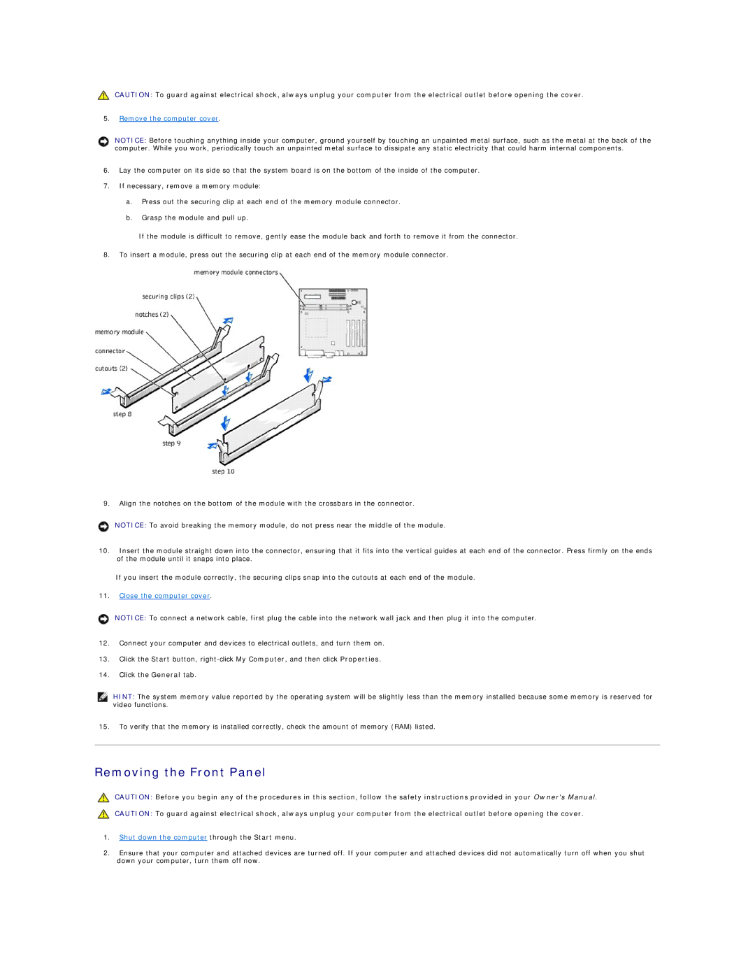 Dell 2300 technical specifications Removing the Front Panel, Close the computer cover 