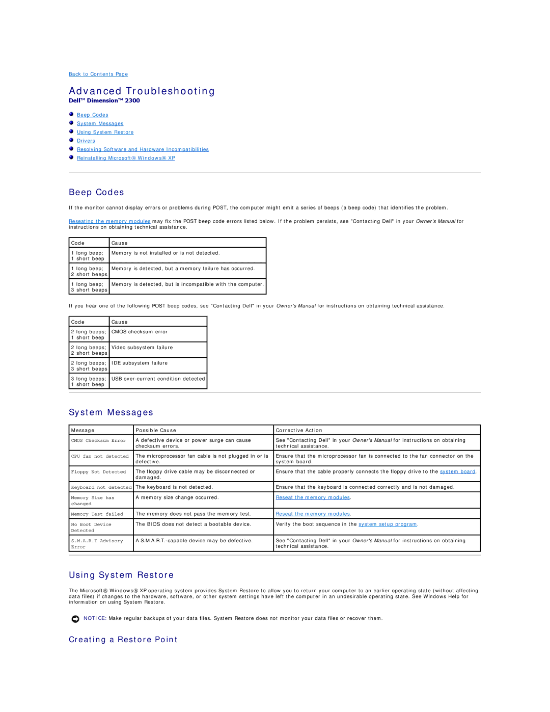 Dell 2300 Advanced Troubleshooting, Beep Codes, System Messages, Using System Restore, Creating a Restore Point 