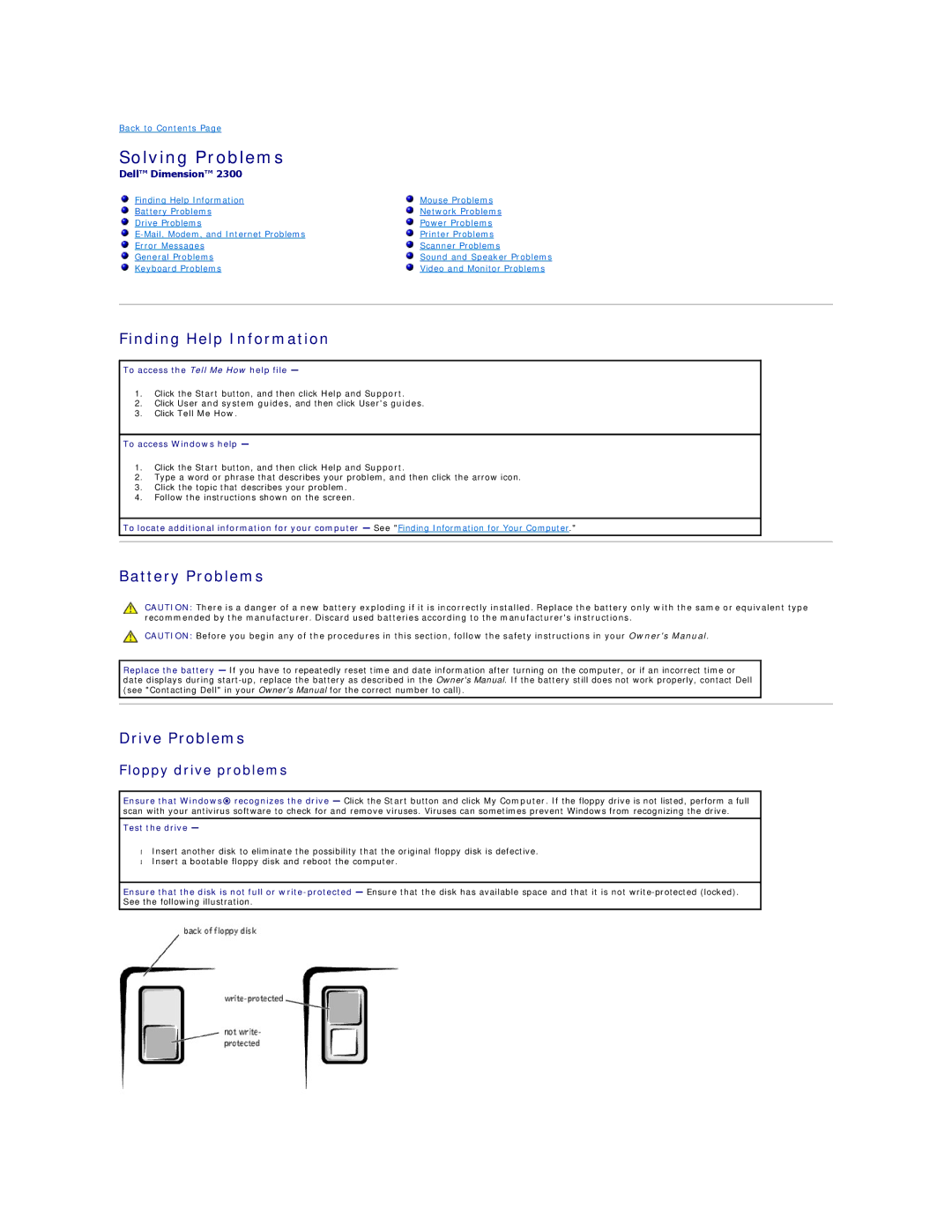 Dell 2300 Solving Problems, Finding Help Information, Battery Problems Drive Problems, Floppy drive problems 