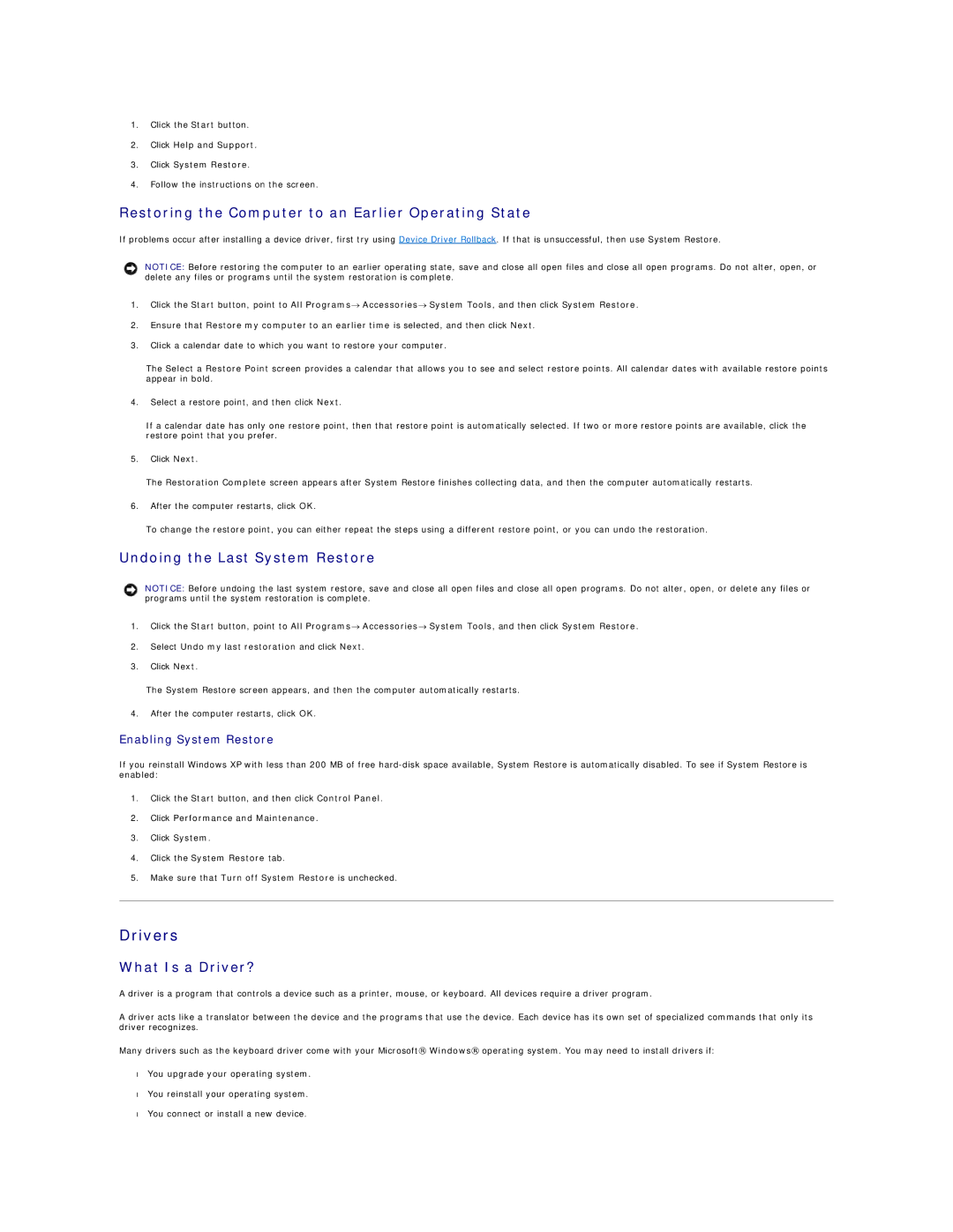 Dell 2300 Drivers, Restoring the Computer to an Earlier Operating State, Undoing the Last System Restore 