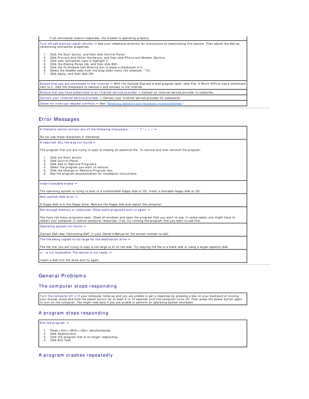 Dell 2300 technical specifications Error Messages, General Problems, Computer stops responding, Program stops responding 