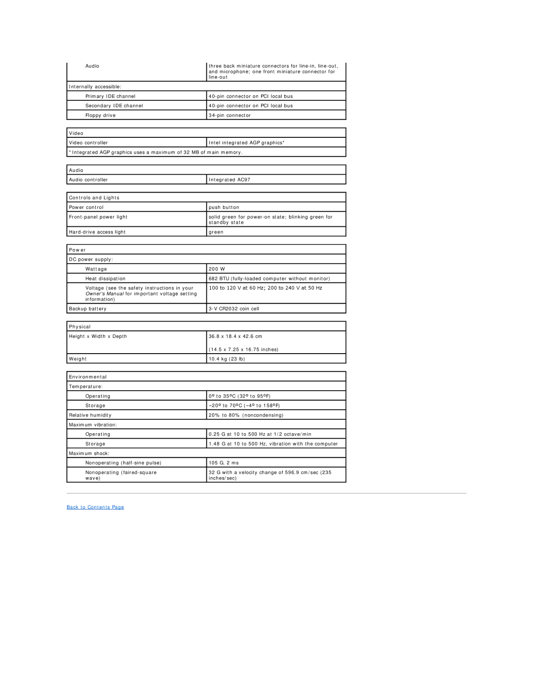 Dell 2300 technical specifications Video, Audio, Controls and Lights, Power, Physical, Environmental 