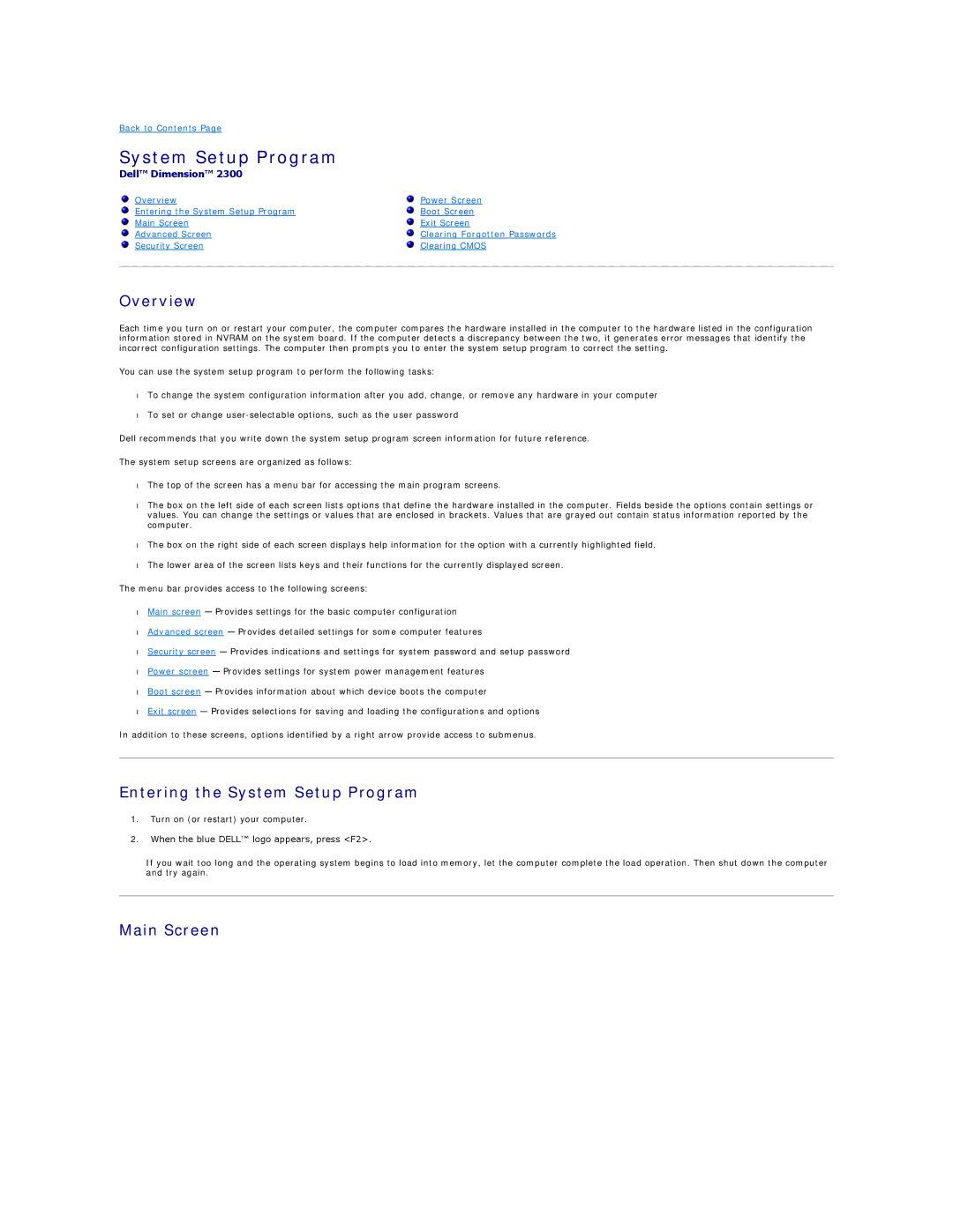 Dell 2300 technical specifications Overview, Entering the System Setup Program, Main Screen 