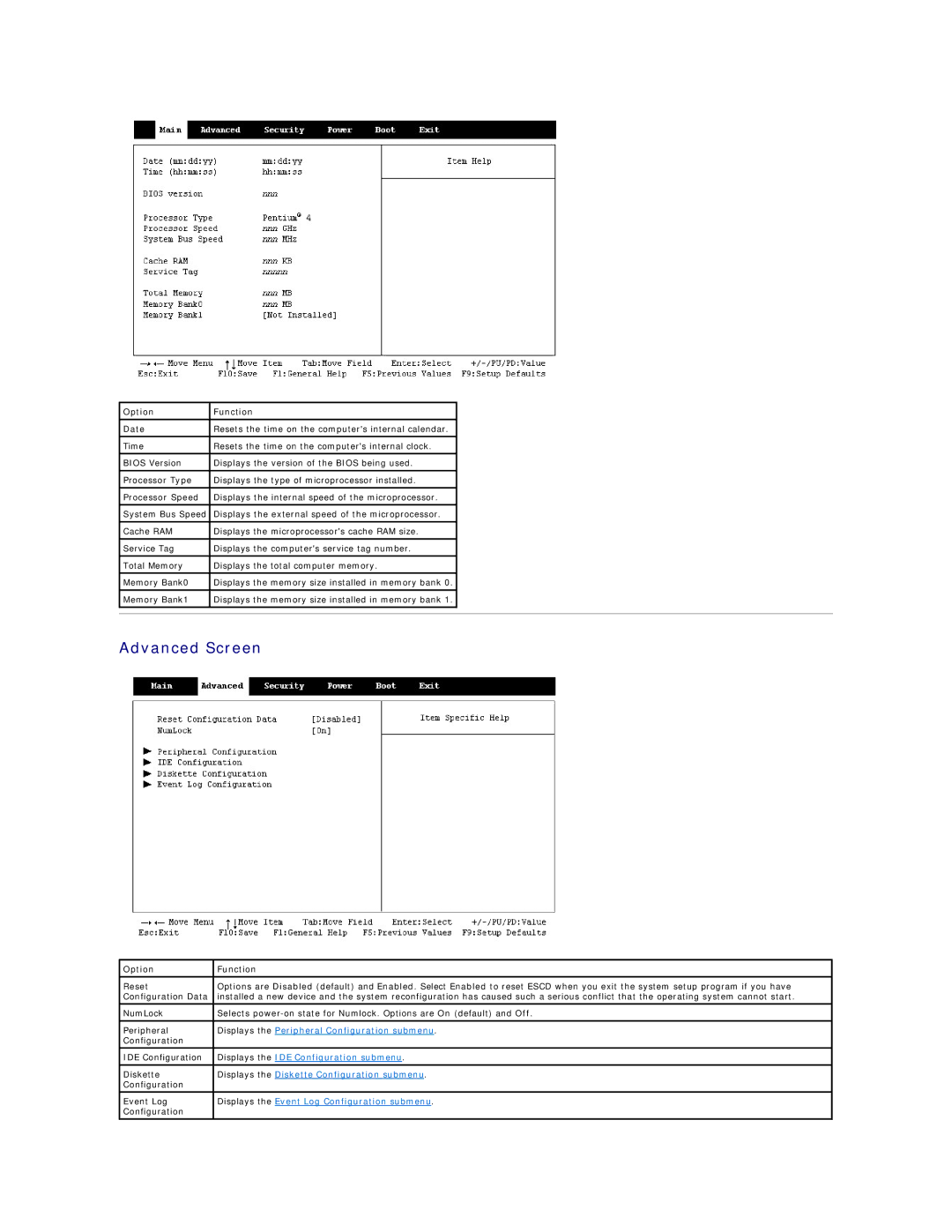 Dell 2300 technical specifications Advanced Screen, Option Function 