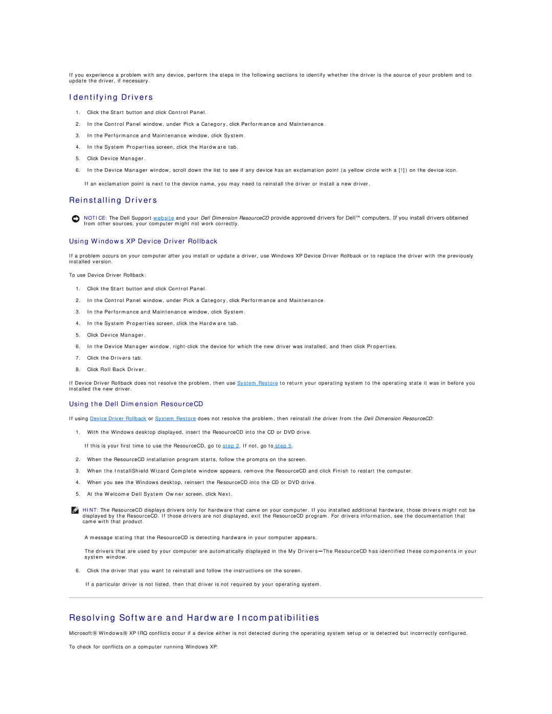 Dell 2300 Resolving Software and Hardware Incompatibilities, Identifying Drivers, Reinstalling Drivers 