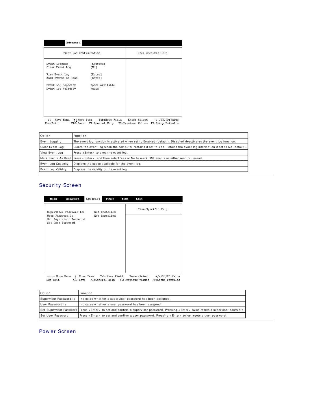 Dell 2300 technical specifications Security Screen, Power Screen 