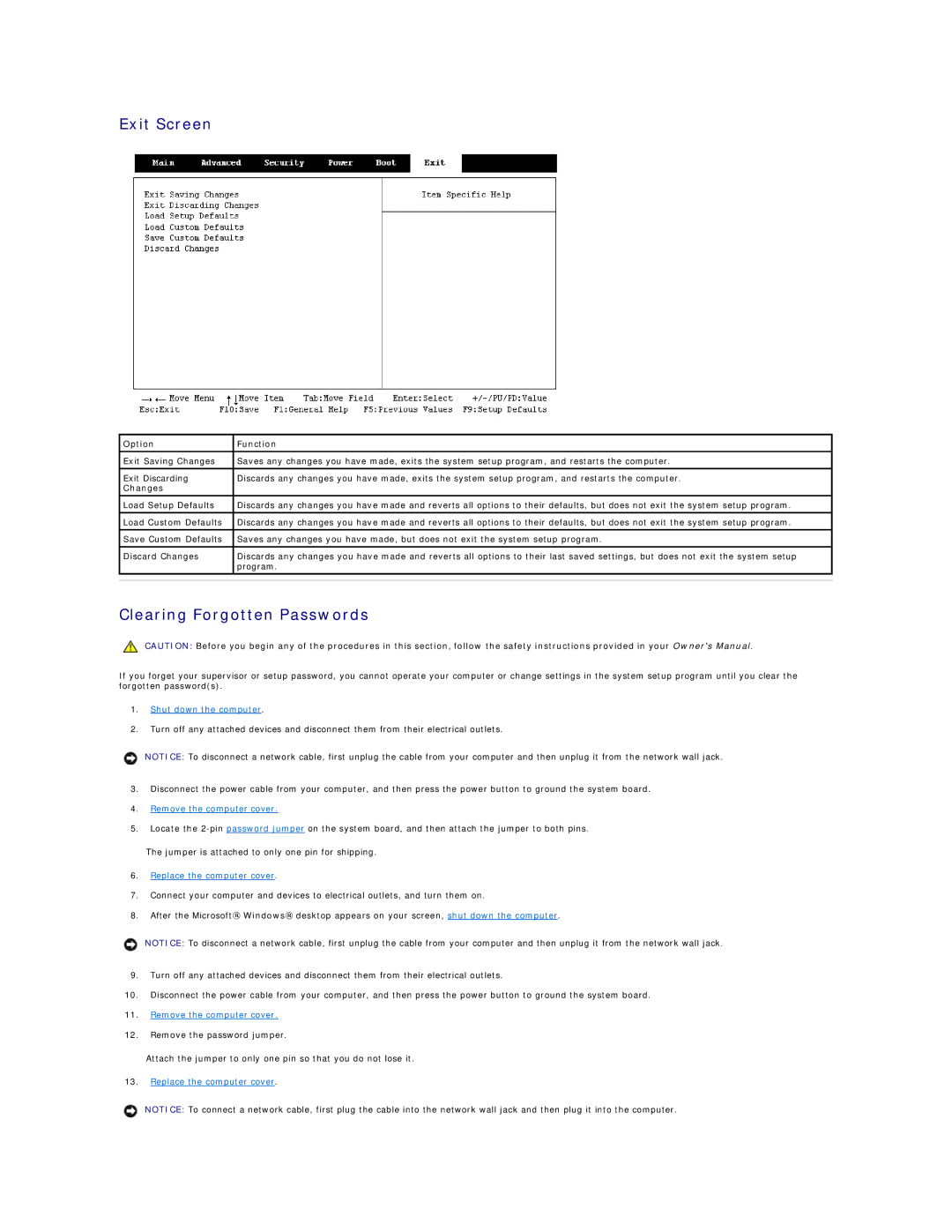 Dell 2300 technical specifications Exit Screen, Clearing Forgotten Passwords, Shut down the computer 