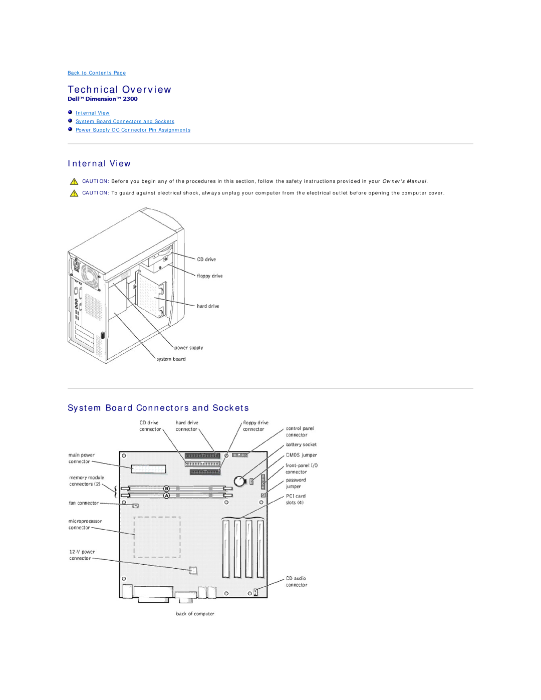 Dell 2300 technical specifications Technical Overview, Internal View System Board Connectors and Sockets 