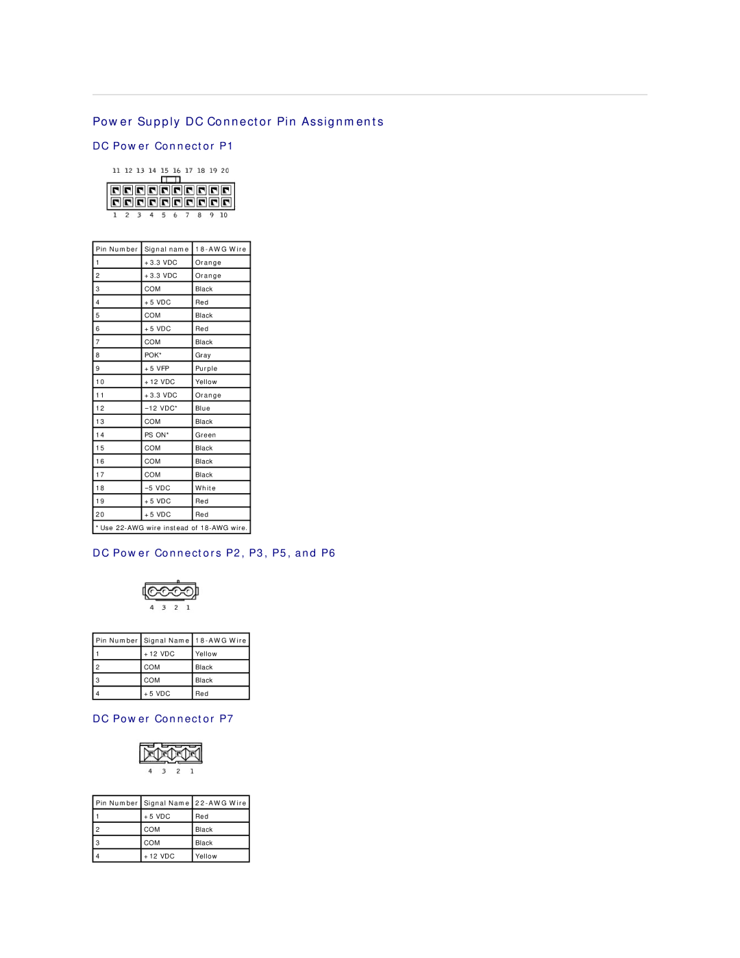 Dell 2300 Power Supply DC Connector Pin Assignments, DC Power Connector P1, DC Power Connectors P2, P3, P5, and P6 