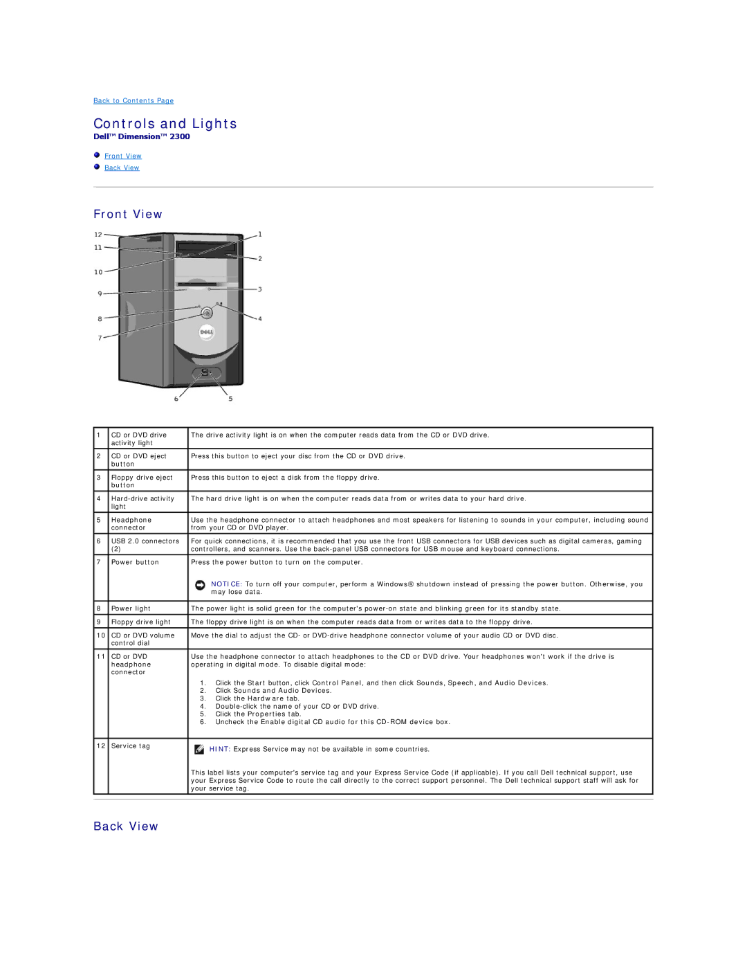 Dell 2300 technical specifications Controls and Lights, Front View Back View 