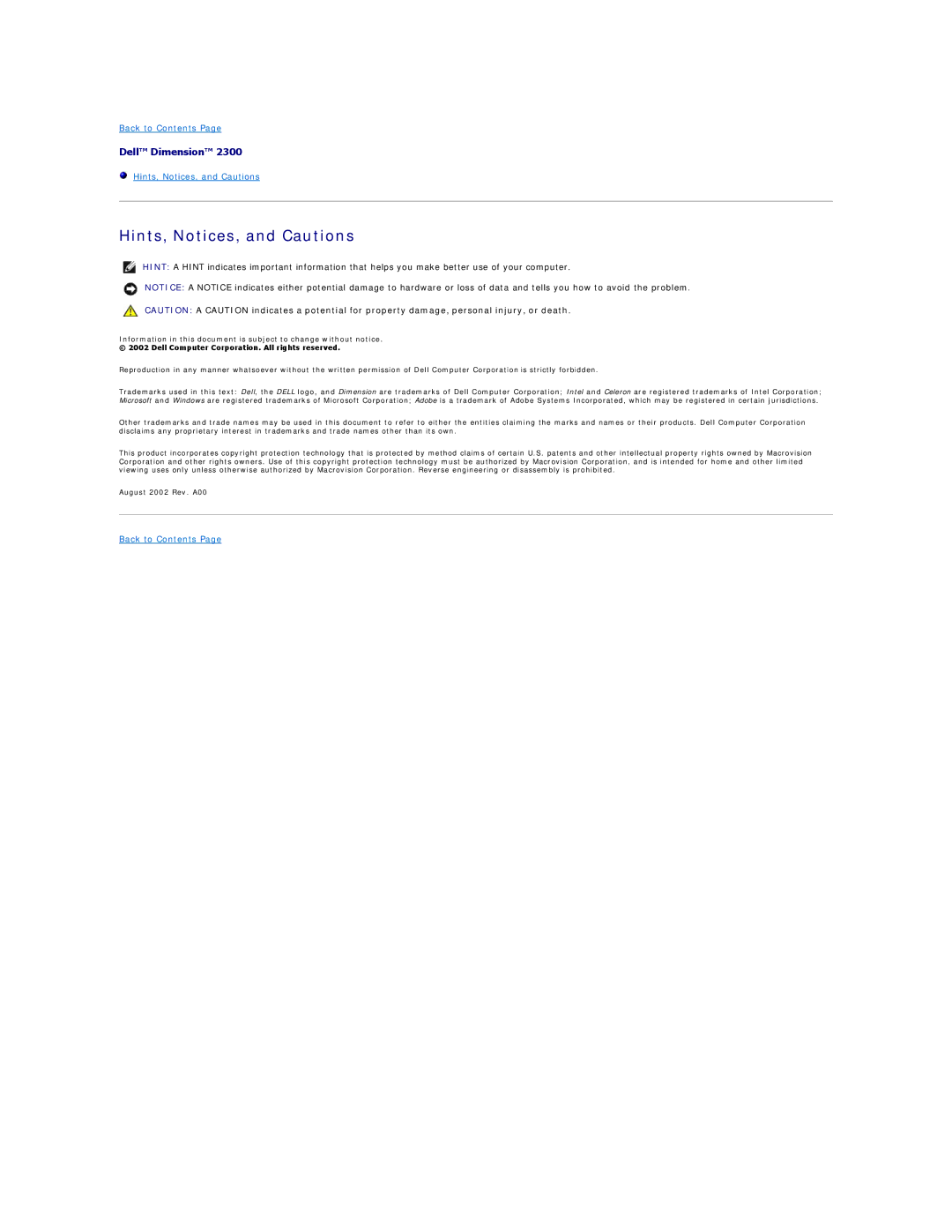 Dell 2300 technical specifications Hints, Notices, and Cautions 