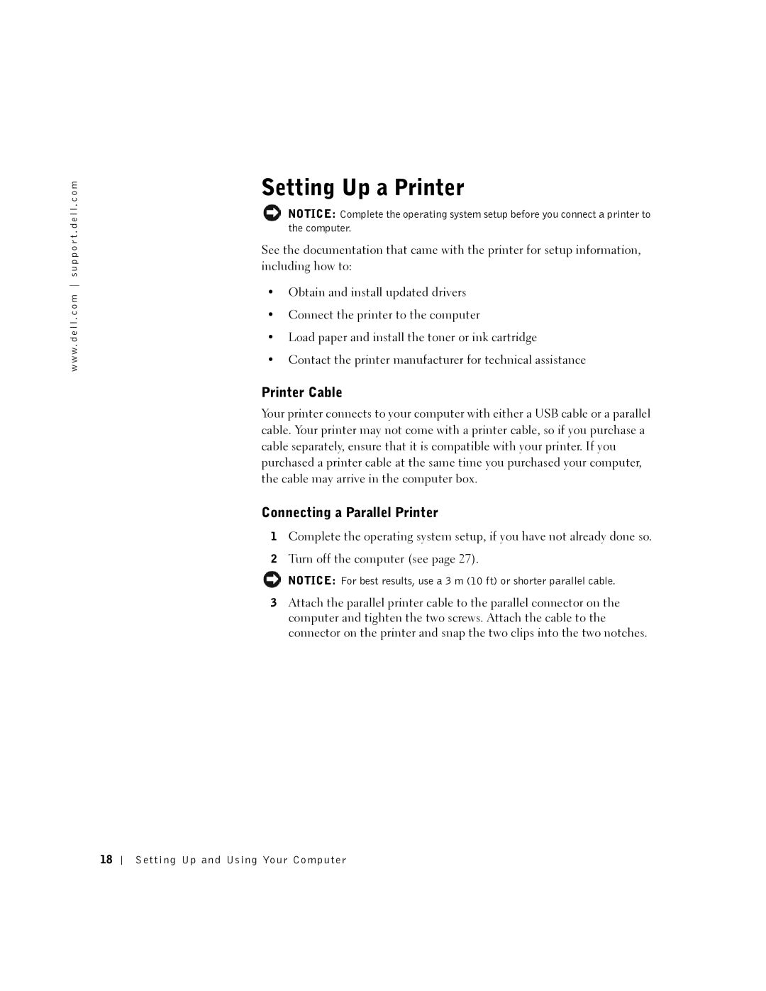 Dell 2300 manual Setting Up a Printer, Printer Cable, Connecting a Parallel Printer, Setting Up and Using Your Computer 