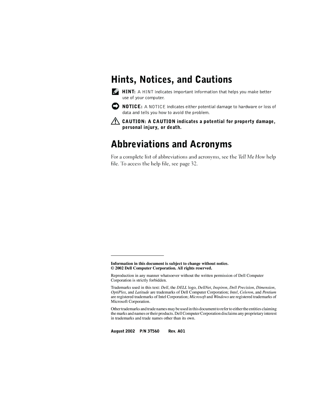 Dell 2300 manual Hints, Notices, and Cautions, Abbreviations and Acronyms 