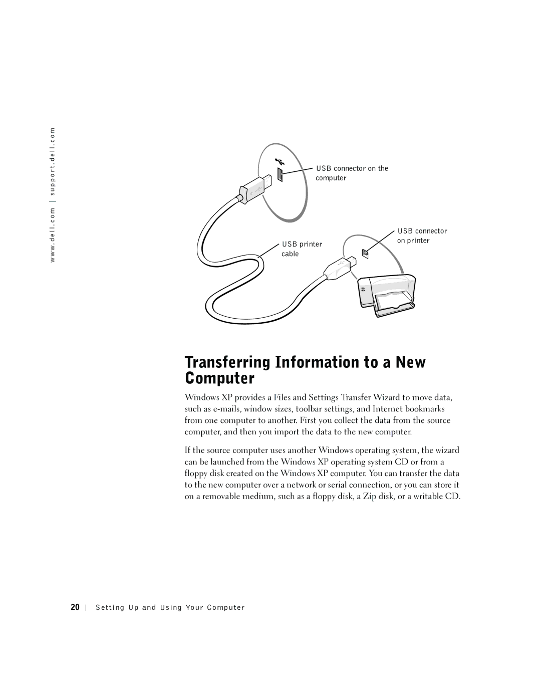 Dell 2300 manual Transferring Information to a New Computer, USB connector on the computer, USB printer On printer Cable 