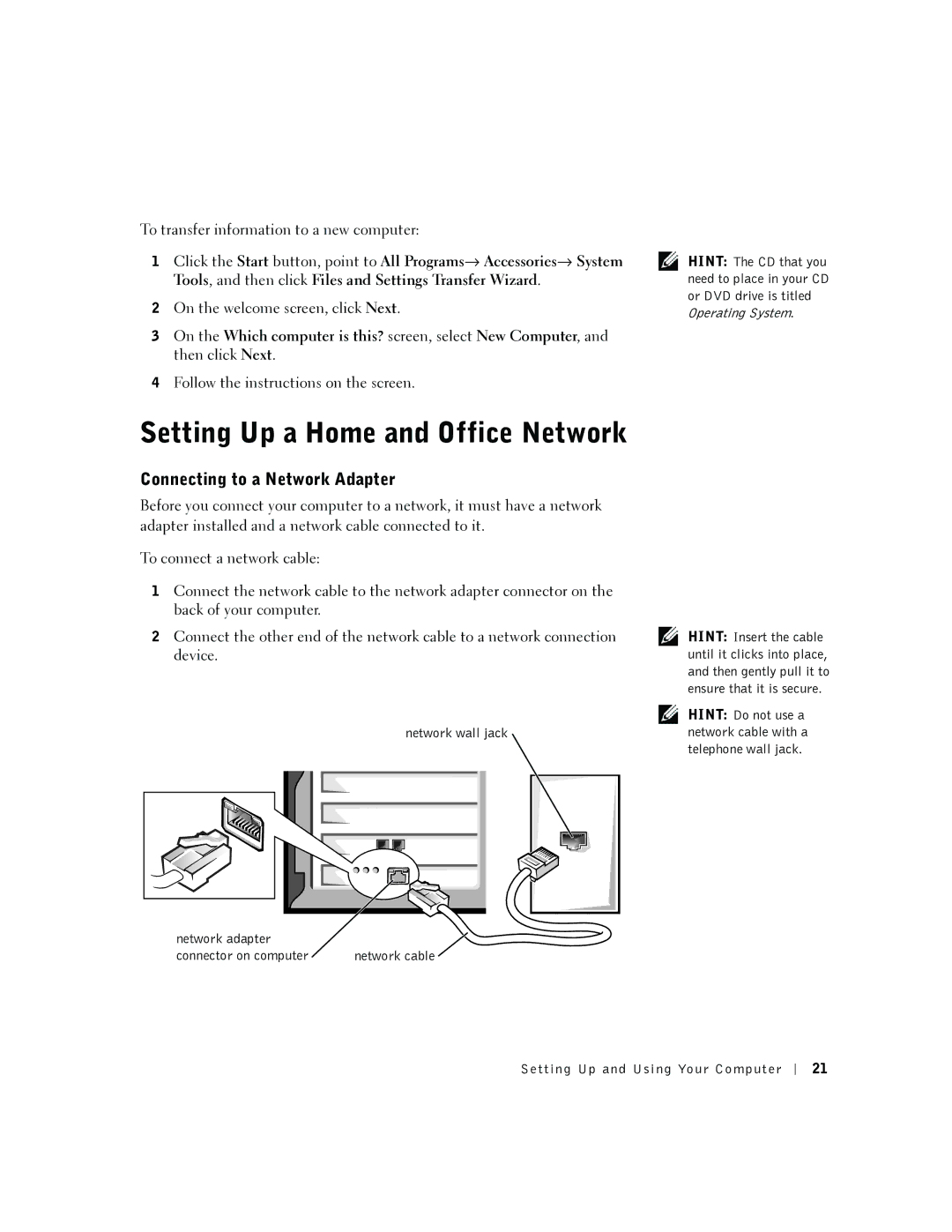 Dell 2300 manual Setting Up a Home and Office Network, Connecting to a Network Adapter, Network wall jack 