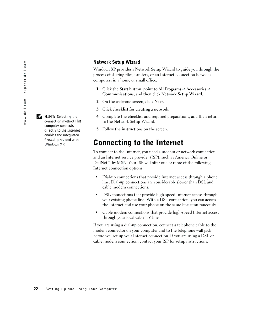 Dell 2300 manual Connecting to the Internet, Network Setup Wizard 