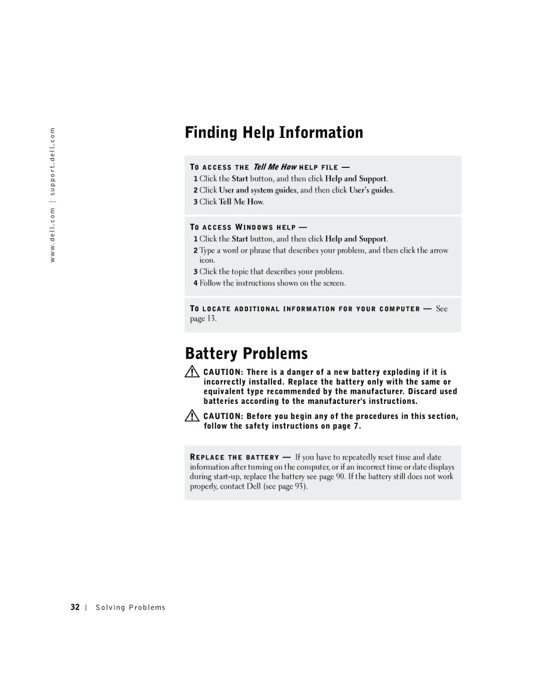 Dell 2300 manual Finding Help Information, Battery Problems 