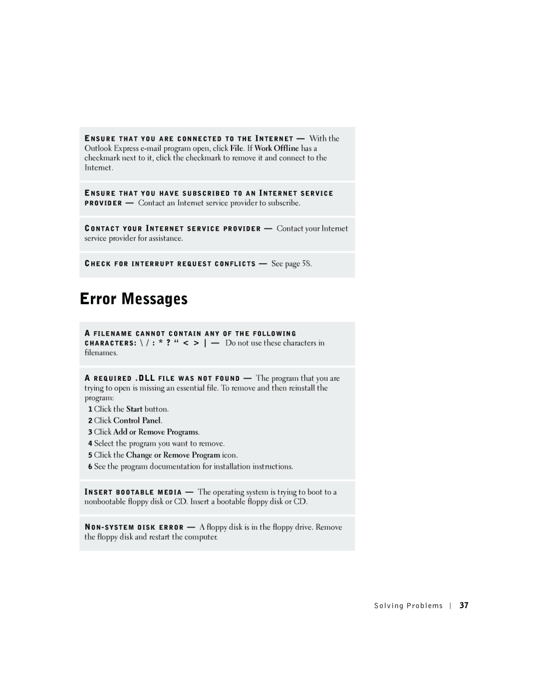 Dell 2300 manual Error Messages, Click Control Panel Click Add or Remove Programs, Click the Change or Remove Program icon 