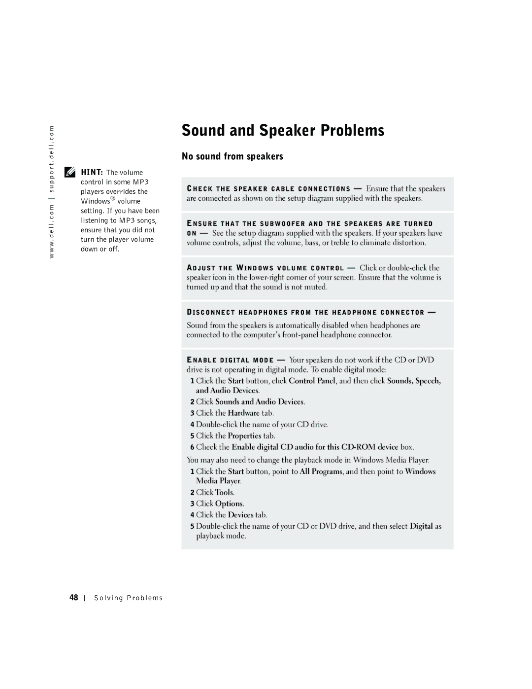 Dell 2300 manual Sound and Speaker Problems, No sound from speakers, Click Sounds and Audio Devices 