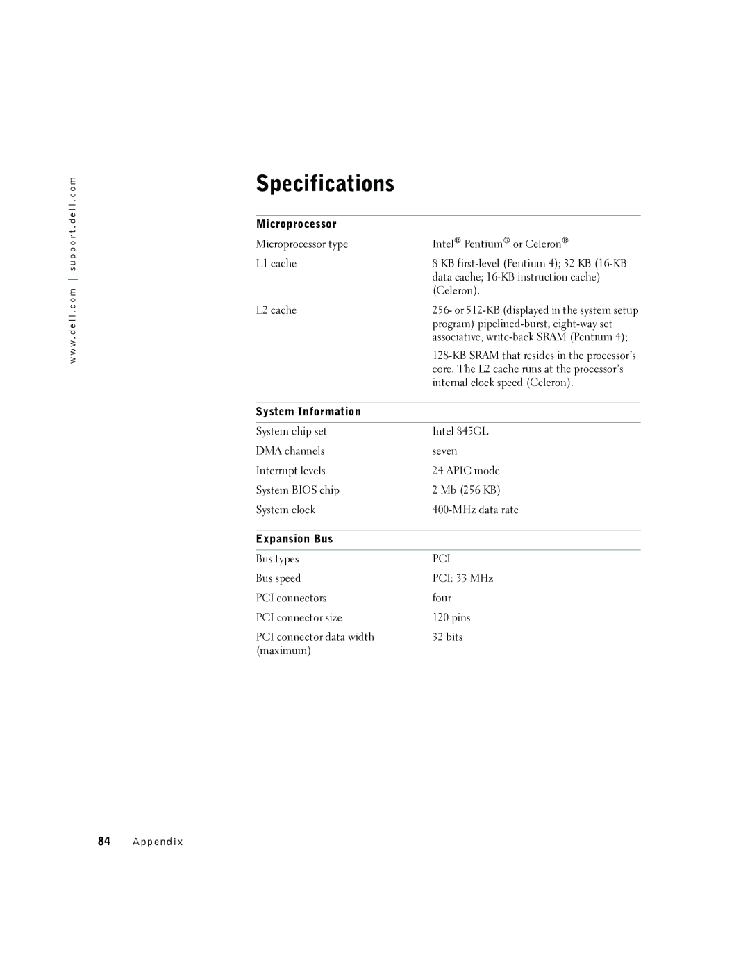 Dell 2300 manual Specifications, Microprocessor, System Information, Expansion Bus, Appendix 