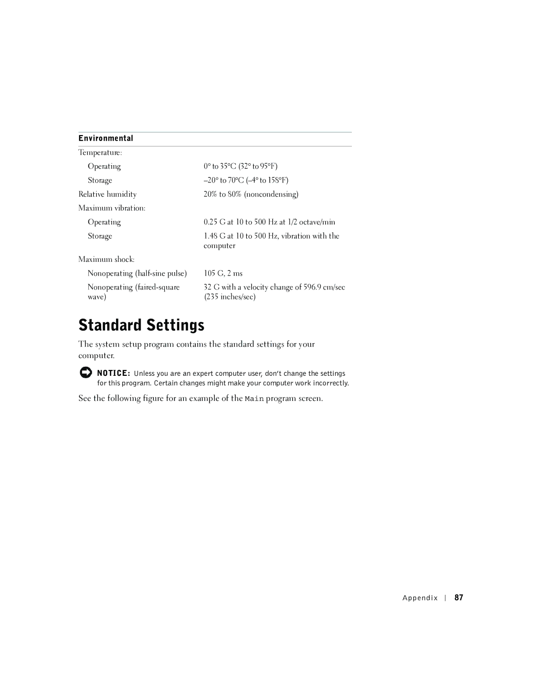 Dell 2300 manual Standard Settings, Environmental 