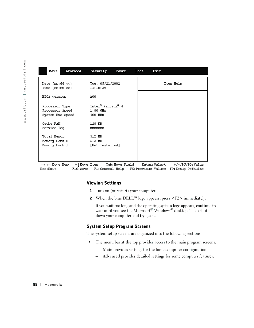 Dell 2300 manual Viewing Settings, System Setup Program Screens 