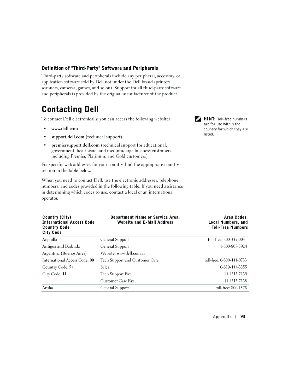 Dell 2300 manual Contacting Dell, Definition of Third-Party Software and Peripherals 