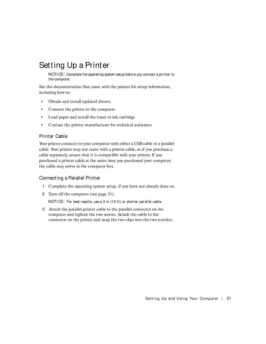 Dell 2300C manual Setting Up a Printer, Printer Cable, Connecting a Parallel Printer 