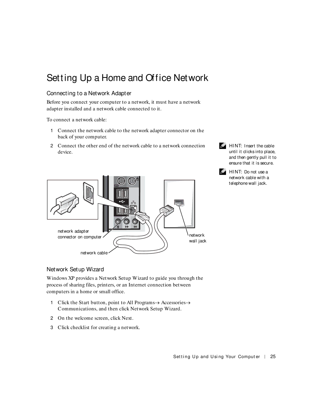 Dell 2300C manual Setting Up a Home and Office Network, Connecting to a Network Adapter, Network Setup Wizard 