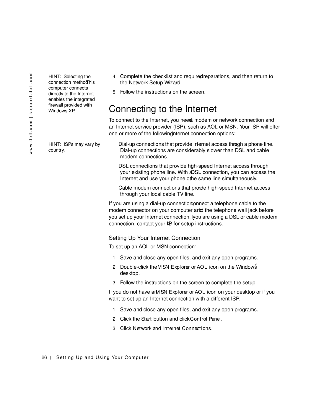 Dell 2300C manual Connecting to the Internet, Setting Up Your Internet Connection 