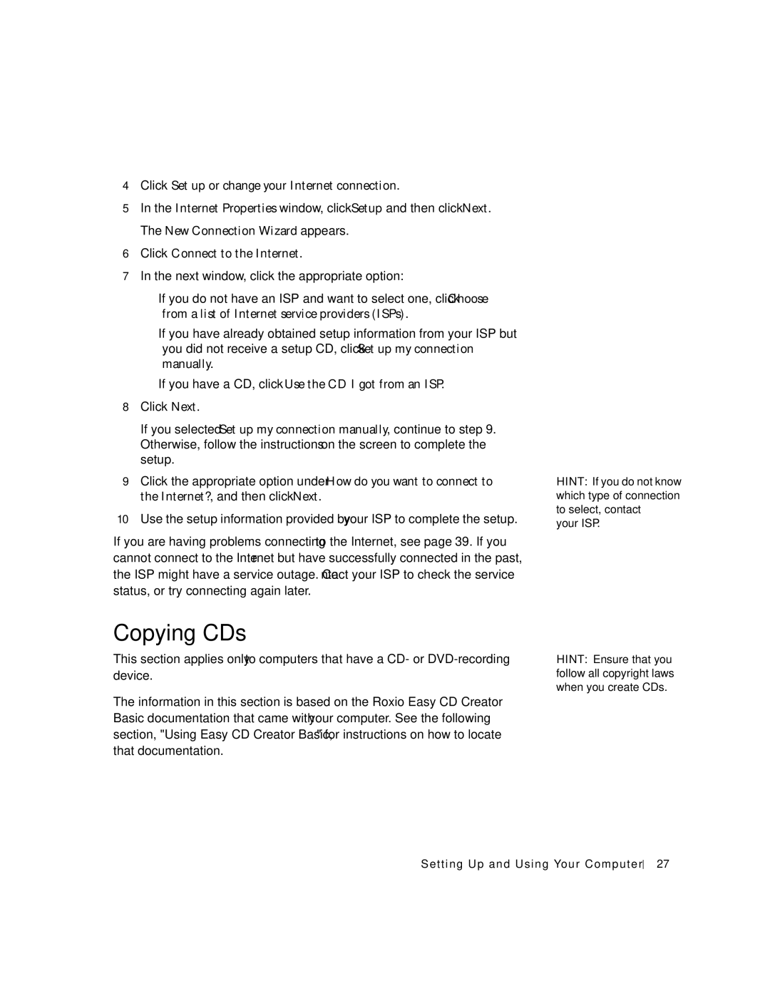 Dell 2300C manual Copying CDs, Click Set up or change your Internet connection 