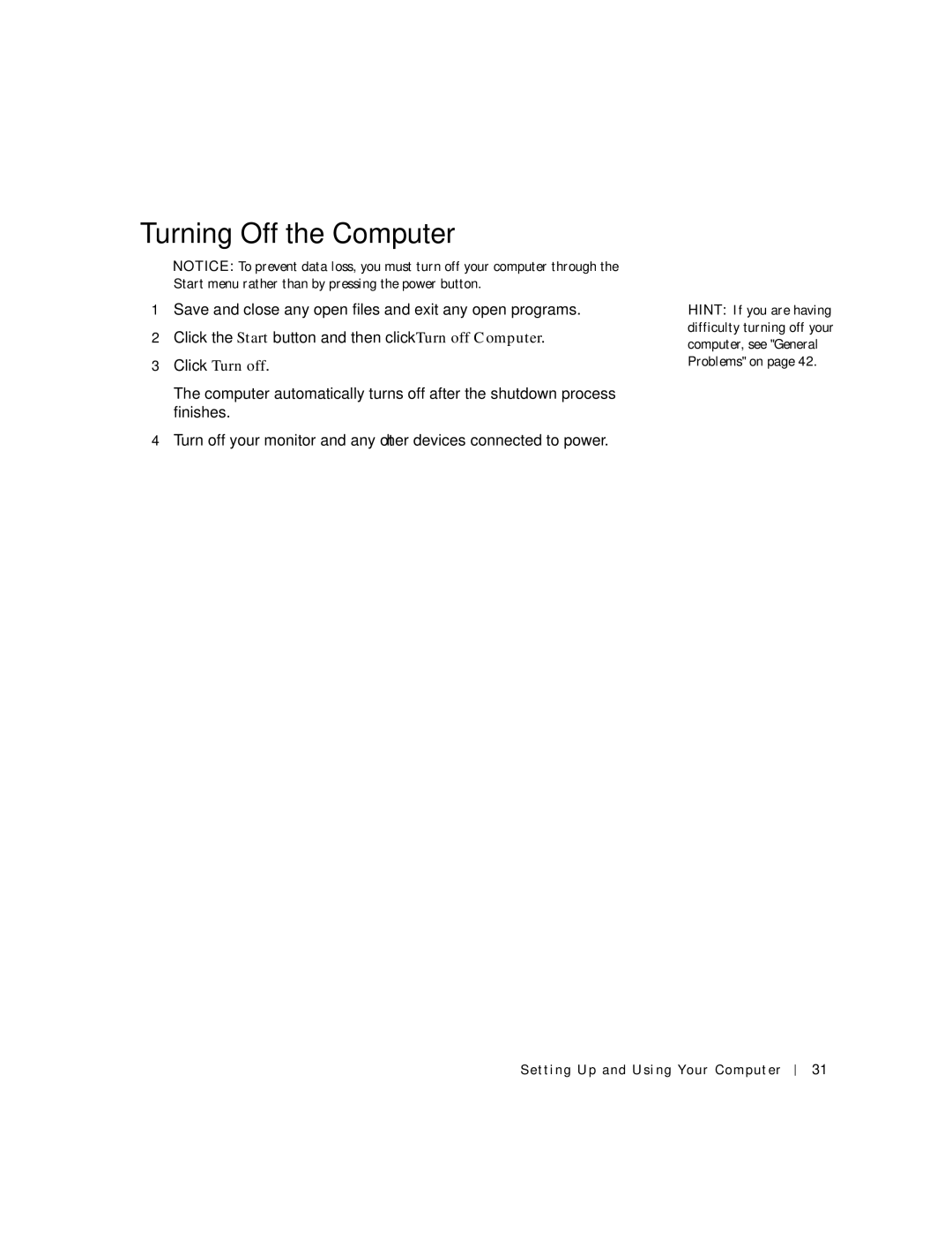 Dell 2300C manual Turning Off the Computer, Click Turn off 