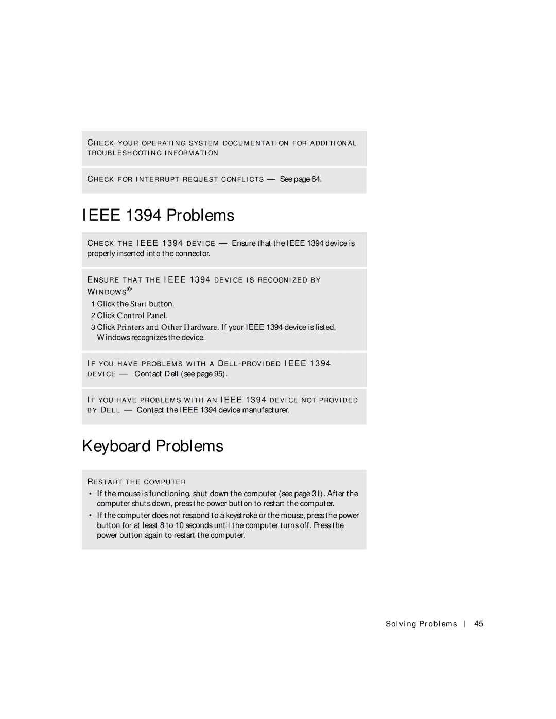 Dell 2300C manual Ieee 1394 Problems, Keyboard Problems 