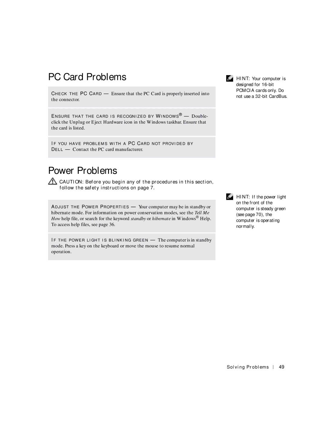 Dell 2300C manual PC Card Problems, Power Problems 