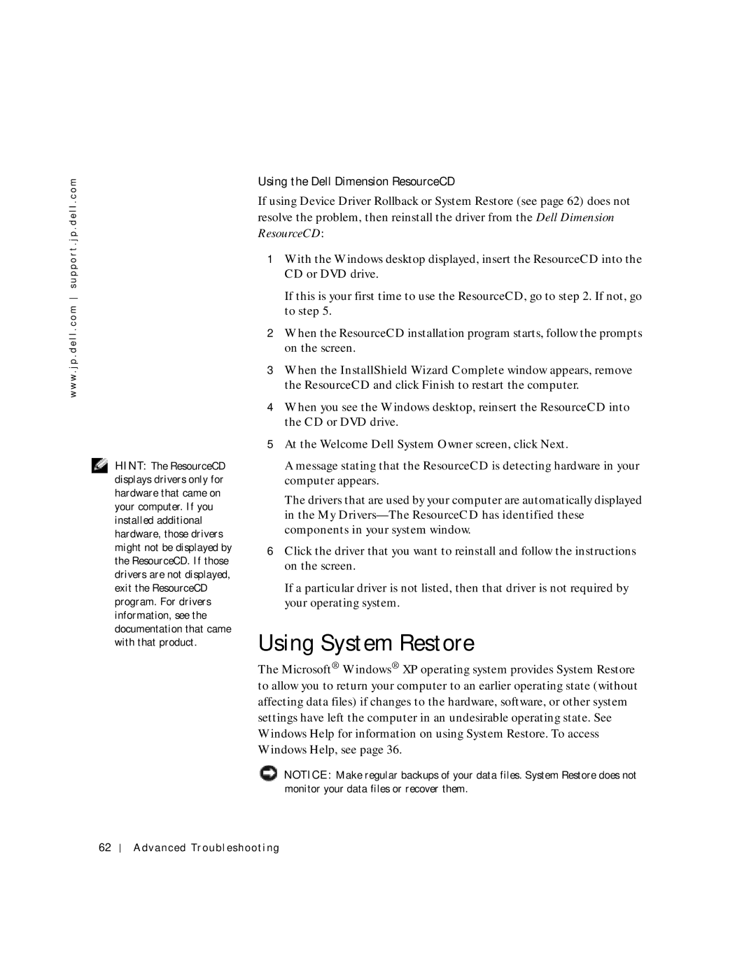 Dell 2300C manual Using System Restore, Using the Dell Dimension ResourceCD 